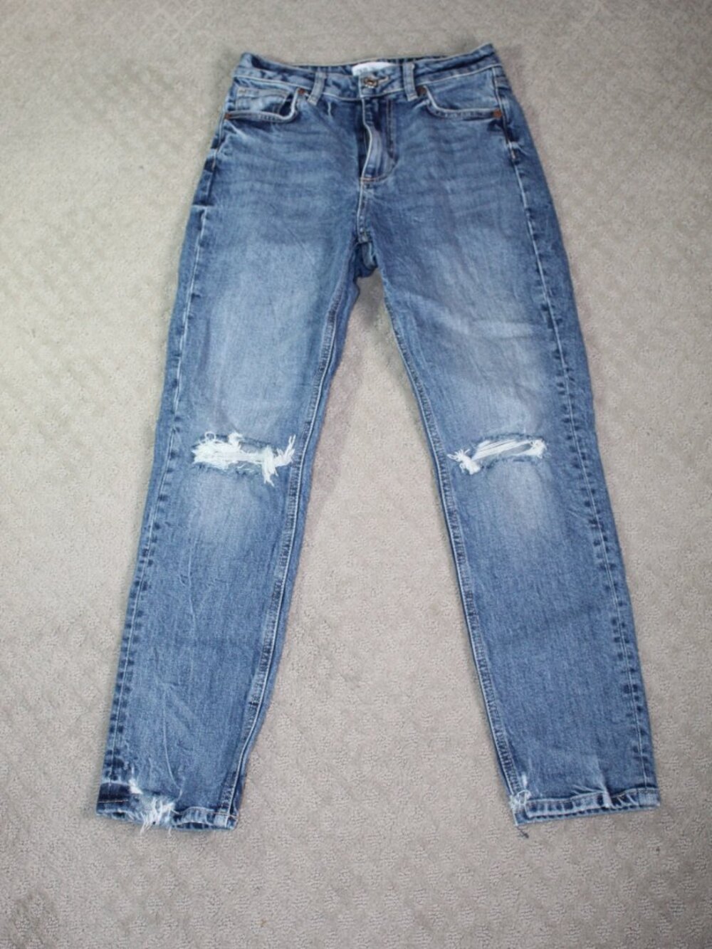 ZARA Size 4 Mid Rise Medium Wash Distressed Ripped Straight Leg Jeans